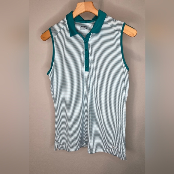 Nike Tops - Nike Golf Dri-Fit Sleeveless Polo Shirt XL Teal White Stripe Activewear Top